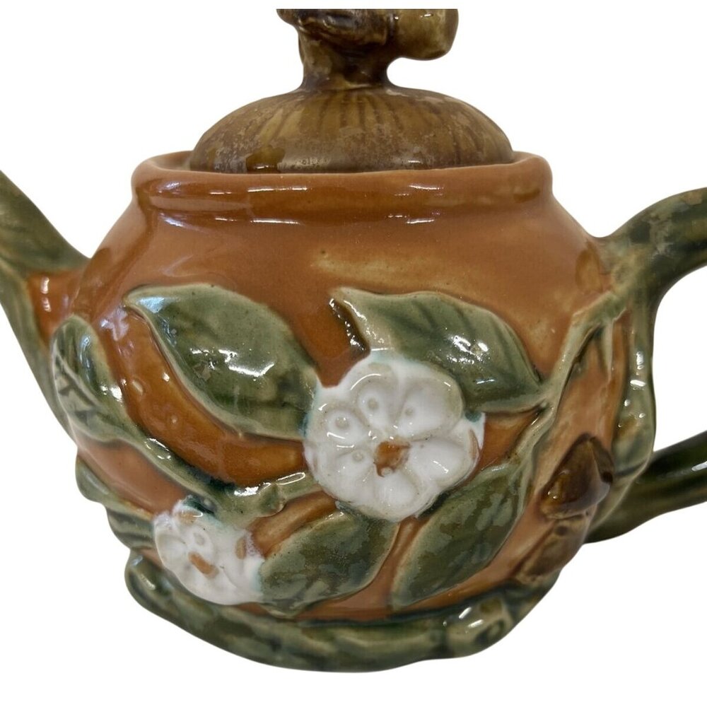 Teapot Mushroom Lid White Flowers Pottery Majolica Brown - Picture 2 of 11